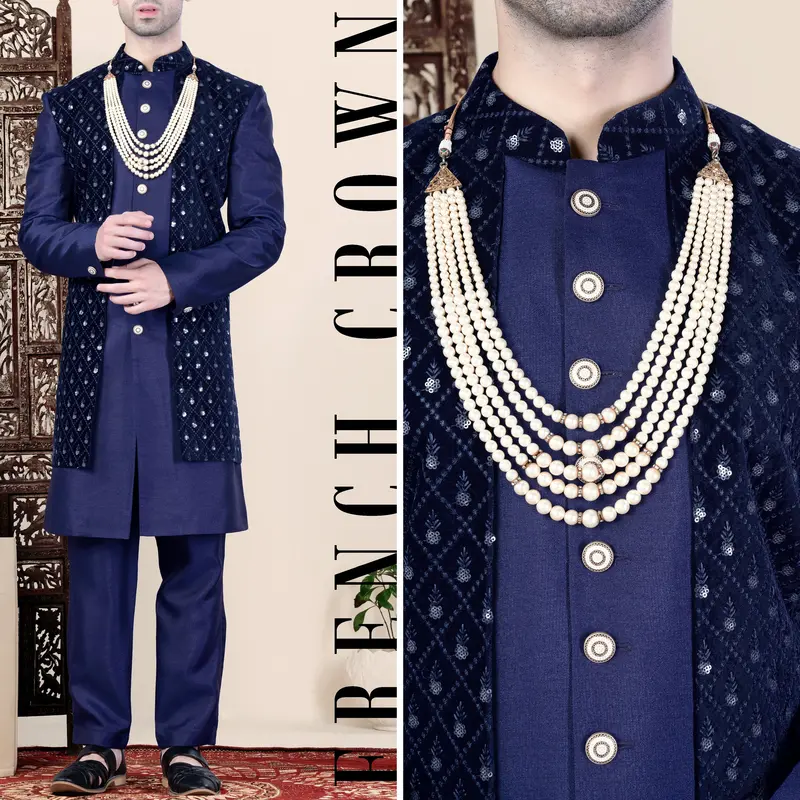 Haiti And Rhino Blue Geometric Thread And Sequin Embroidered Indo-Western Set 1
