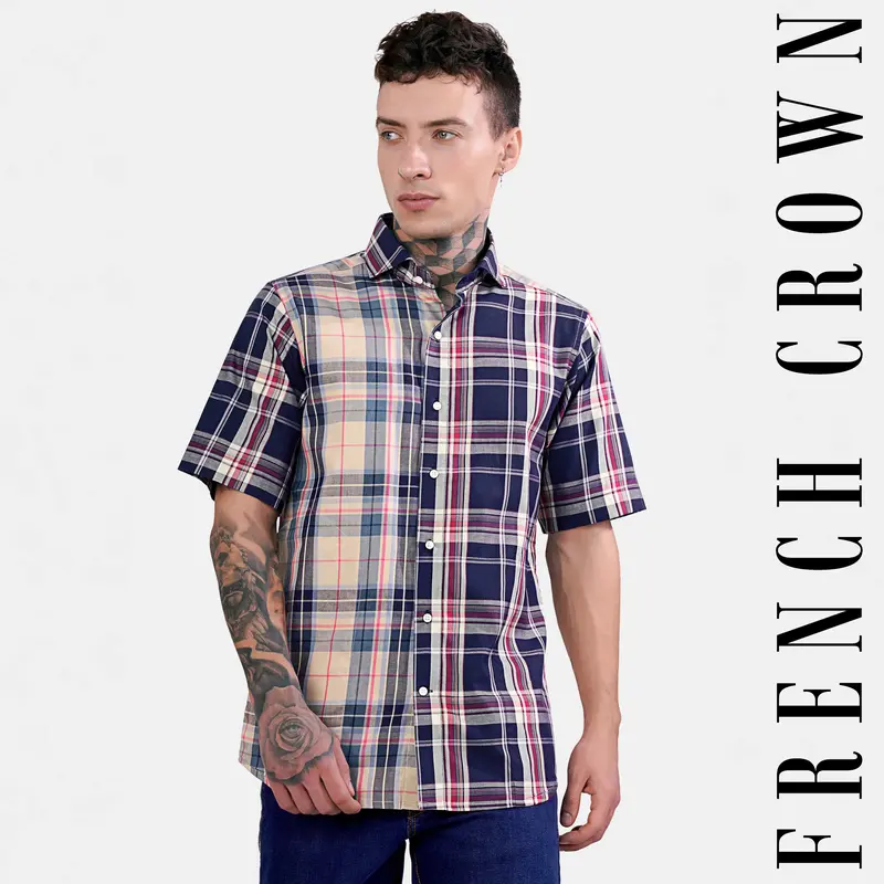 Haiti Blue And Akaroa Brown Twill Plaid Premium Cotton Half Sleeved Designer Shirt 1