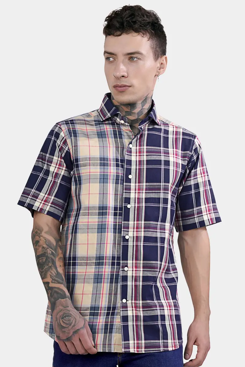 Haiti Blue And Akaroa Brown Twill Plaid Premium Cotton Half Sleeved Designer Shirt 2