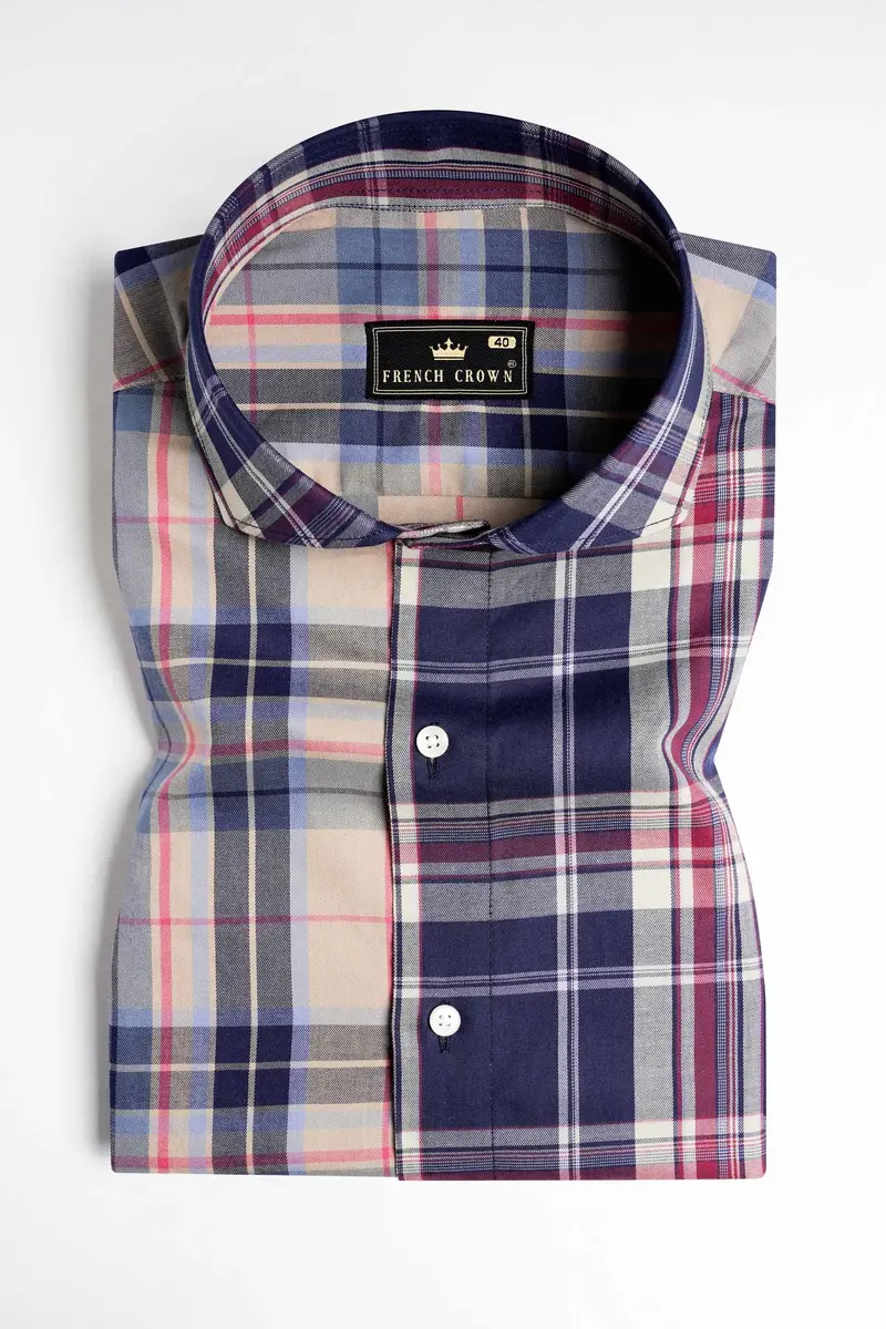 Haiti Blue And Akaroa Brown Twill Plaid Premium Cotton Half Sleeved Designer Shirt 5