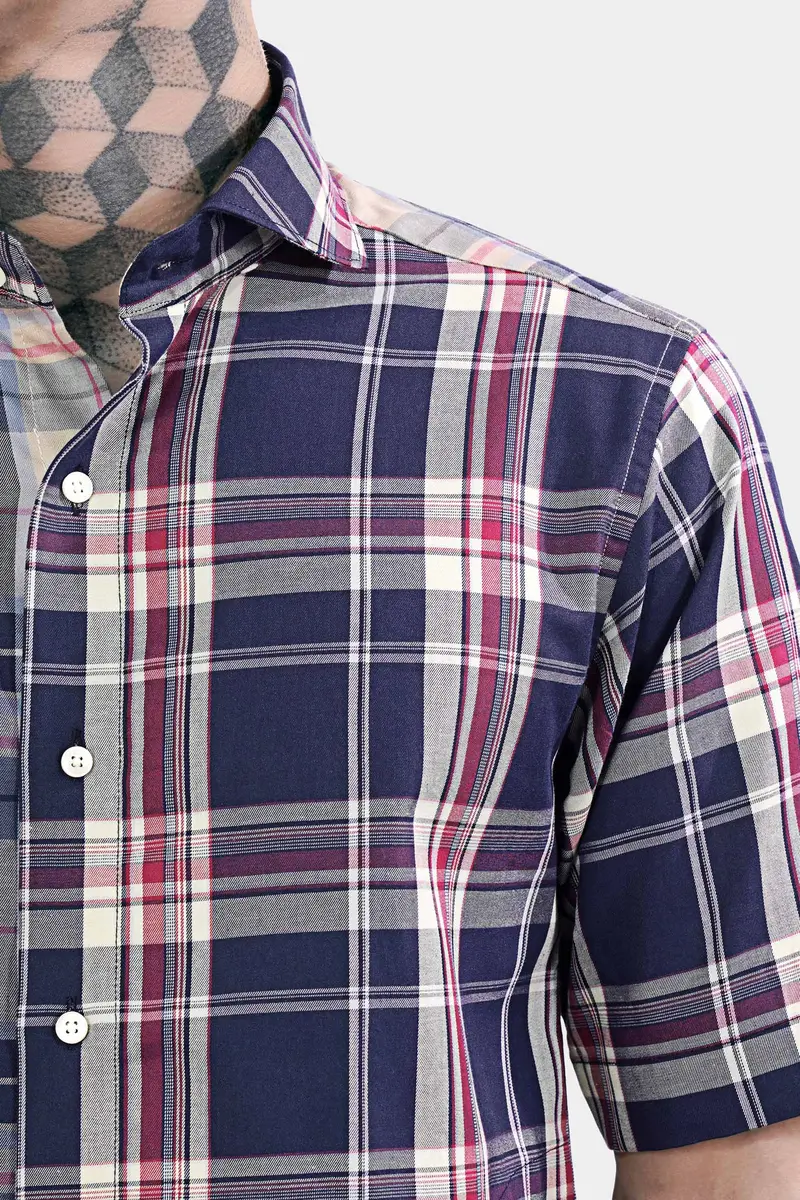 Haiti Blue And Akaroa Brown Twill Plaid Premium Cotton Half Sleeved Designer Shirt 6