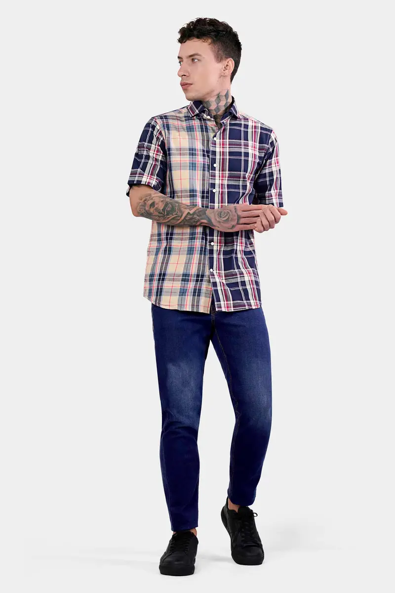 Haiti Blue And Akaroa Brown Twill Plaid Premium Cotton Half Sleeved Designer Shirt 7