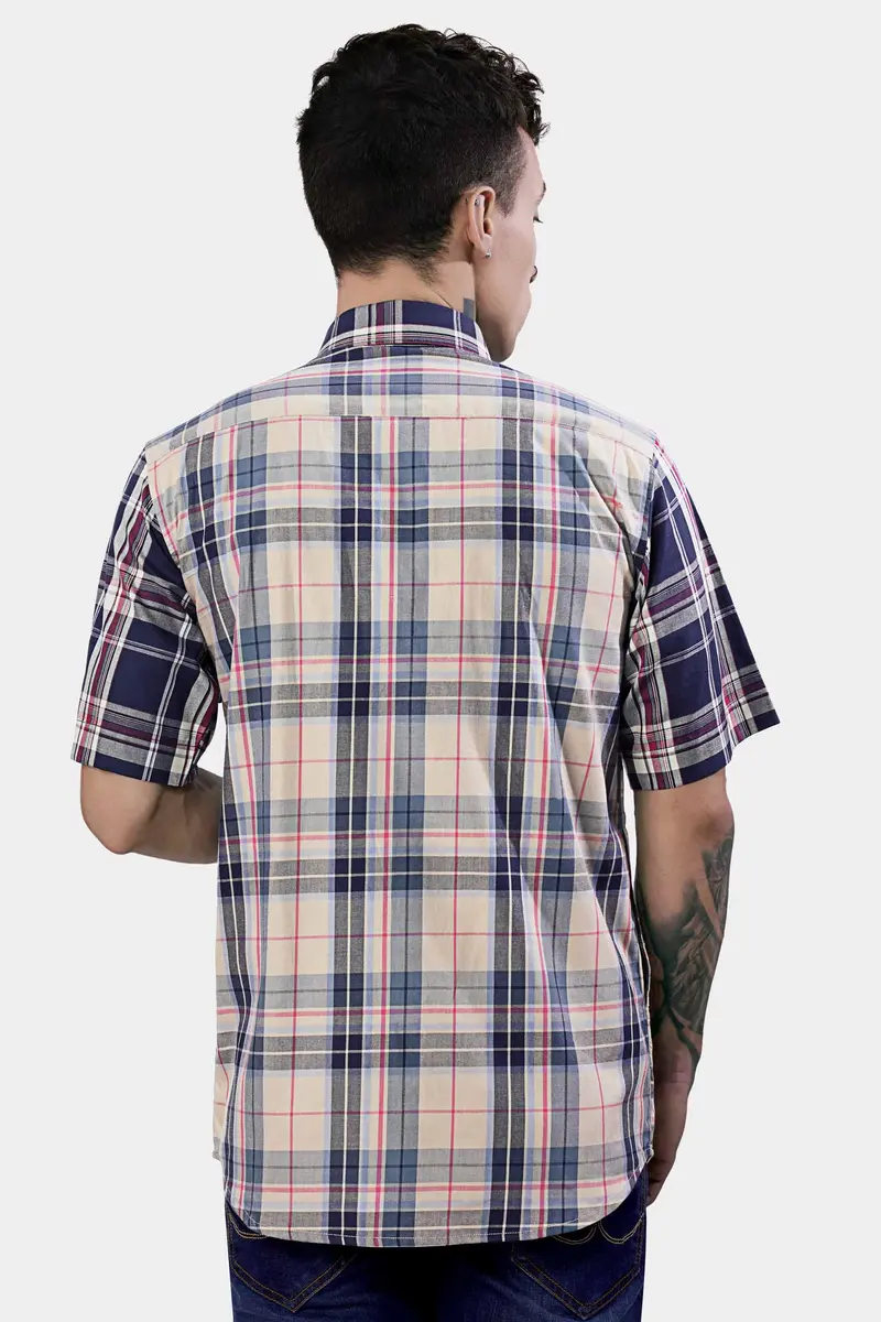 Haiti Blue And Akaroa Brown Twill Plaid Premium Cotton Half Sleeved Designer Shirt 8