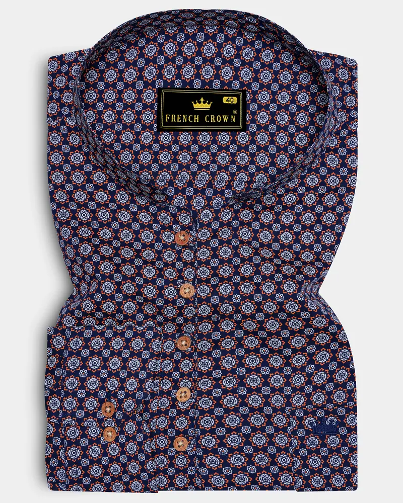 Haiti Blue And Cadmium Orange Printed Royal Oxford Kurta Shirt 1
