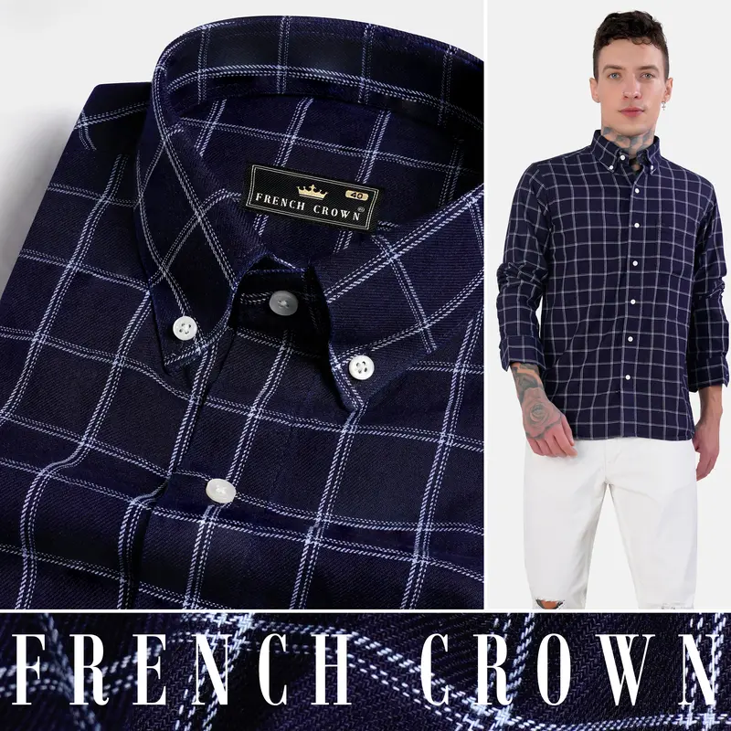 Haiti Blue And White Plaid Twill Premium Cotton Button Down Shirt 4