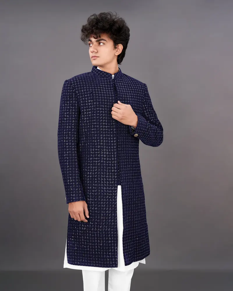 Haiti Blue Embroidered Sherwani With Kurta And Pants Set 1