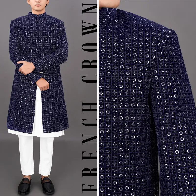 Haiti Blue Embroidered Sherwani With Kurta And Pants Set 1