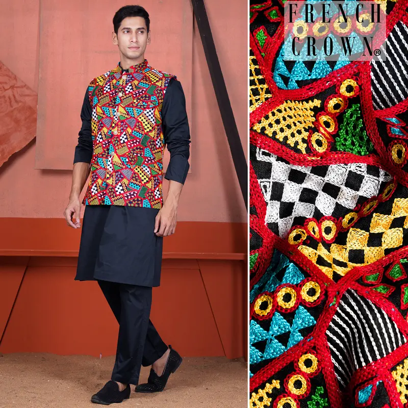 Haiti Blue Kurta With Canray Orange And Catalina Blue Multicolour Cotton Thread Embroidered Designer Nehru Jacket 1