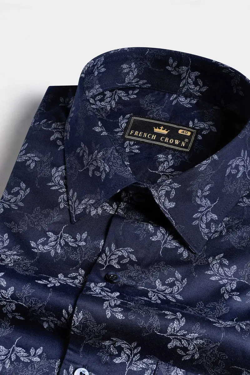 Haiti Blue Leaves Printed Twill Premium Cotton Shirt 1