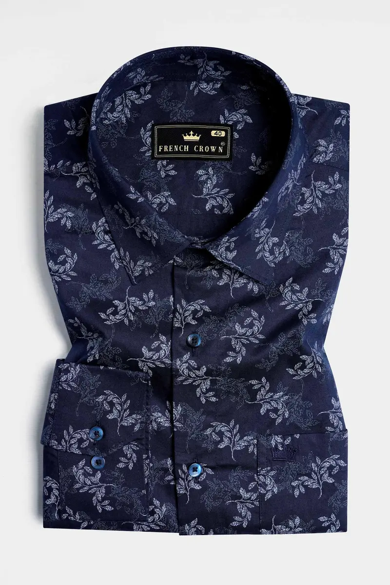 Haiti Blue Leaves Printed Twill Premium Cotton Shirt 3