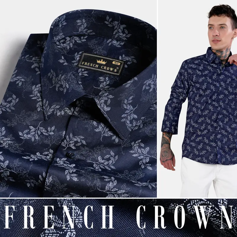 Haiti Blue Leaves Printed Twill Premium Cotton Shirt 4