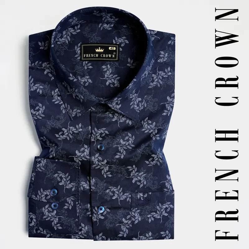 Haiti Blue Leaves Printed Twill Premium Cotton Shirt 7