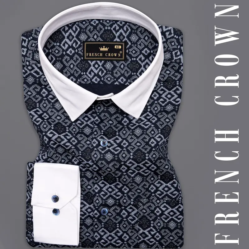 Haiti Blue Printed With White Cuffs And Collar Super Soft Premium Cotton Shirt 1