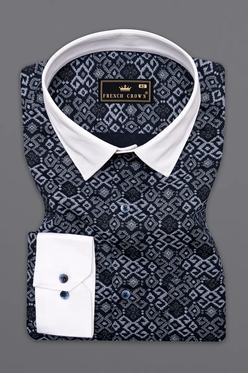 Haiti Blue Printed With White Cuffs And Collar Super Soft Premium Cotton Shirt 2