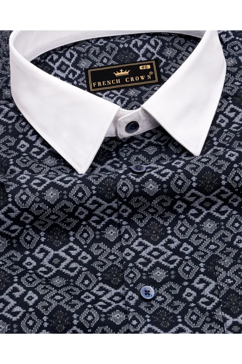 Haiti Blue Printed With White Cuffs And Collar Super Soft Premium Cotton Shirt 3