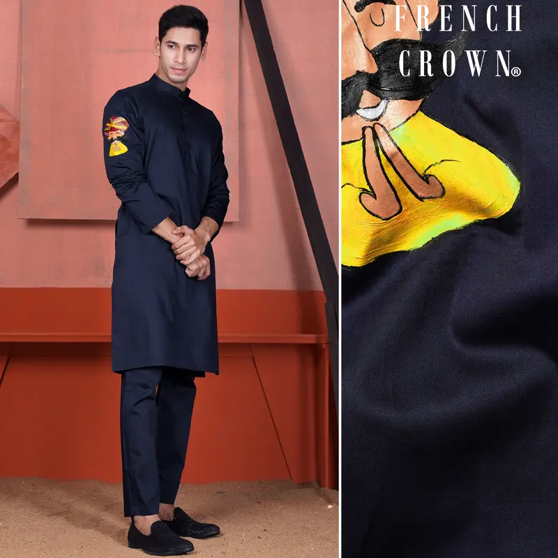 Haiti Blue Rajasthani Man Hand Painted Subtle Sheen Super Soft Premium Cotton Designer Kurta Set 1