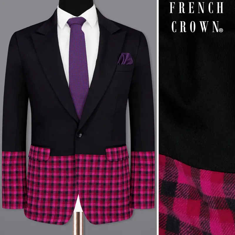 Half-Black And Half Jazzberry Pink Checkered Single-Breasted Premium Cotton Designer Blazer 1