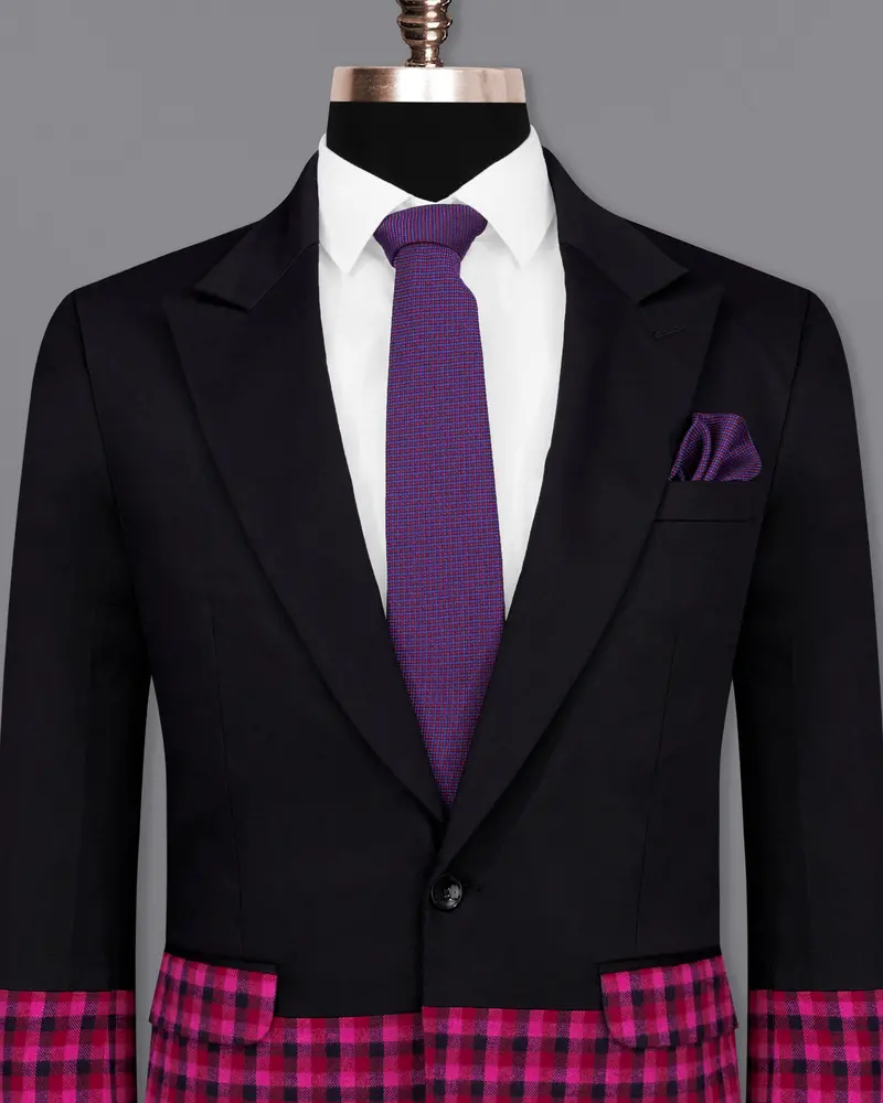 Half-Black And Half Jazzberry Pink Checkered Single-Breasted Premium Cotton Designer Blazer 2