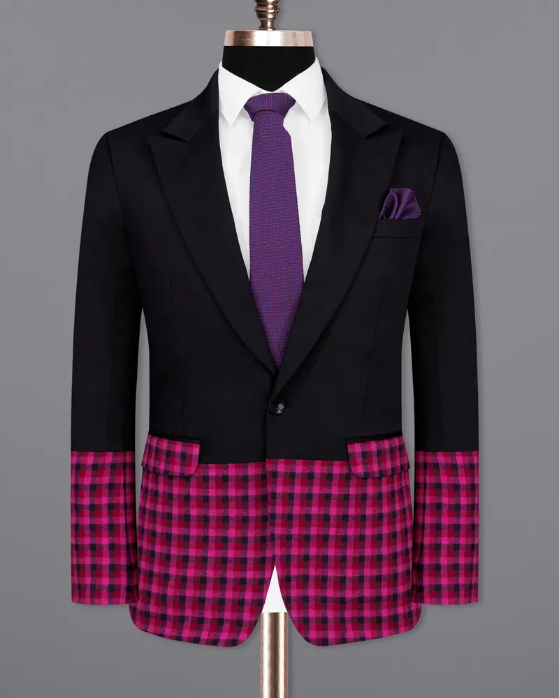 Half-Black And Half Jazzberry Pink Checkered Single-Breasted Premium Cotton Designer Blazer 8