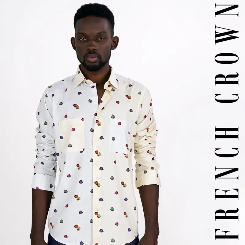 Half Bright White With Half Hampton Beige Leaves Printed Super Soft Premium Cotton Designer Shirt 1