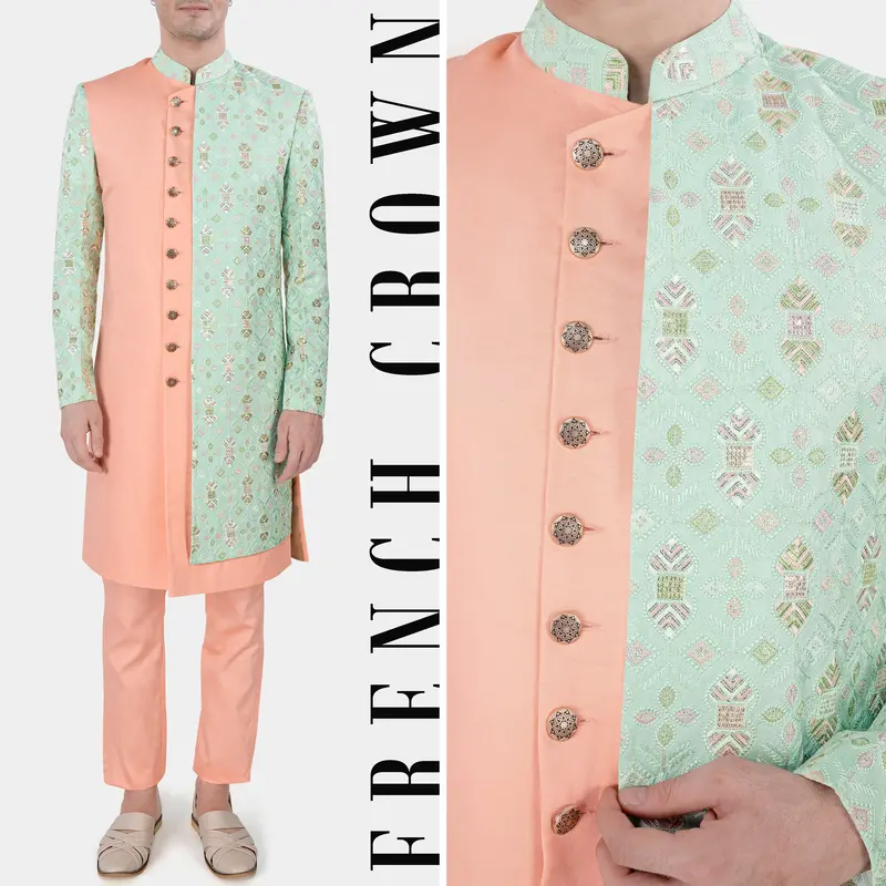 Half Bud Peach And Skeptic Green Embroidered With Sequins Work Indo Western With Kurta And Pant Set 1