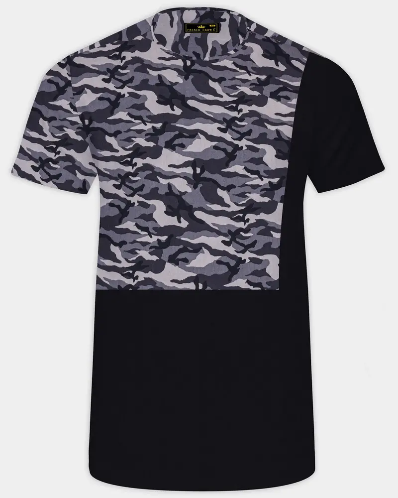Half Camouflage Printed And Half-Black Royal Oxford Designer Bush Shirt 1