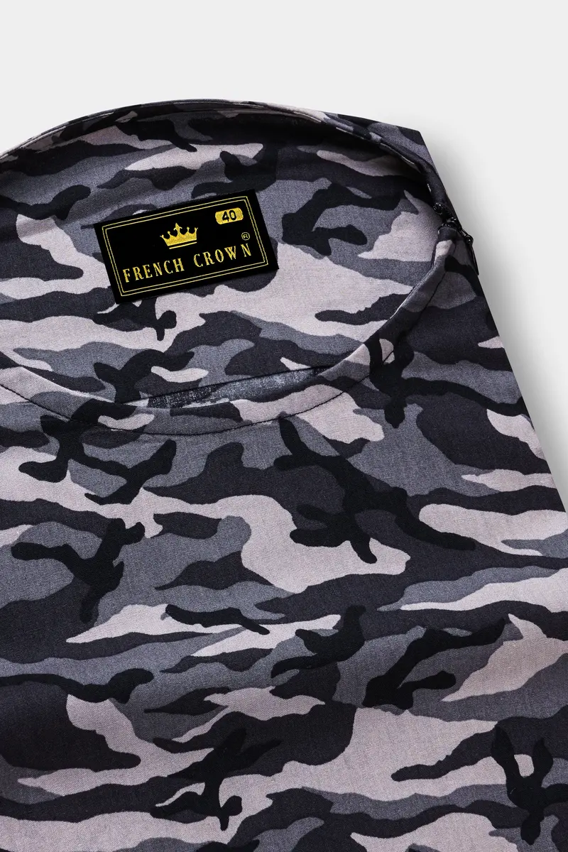 Half Camouflage Printed And Half-Black Royal Oxford Designer Bush Shirt 4