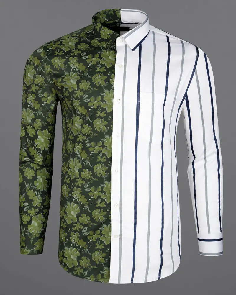 Half Clay Green Floral Printed With Half Black And White Striped Super Soft Premium Cotton Designer Shirt 1