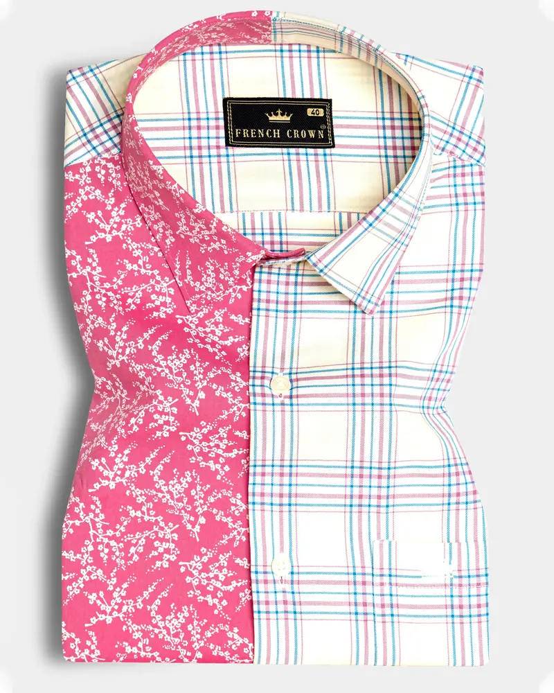 Half Floral And Half Plaid Twill Textured Premium Cotton Shirt 1