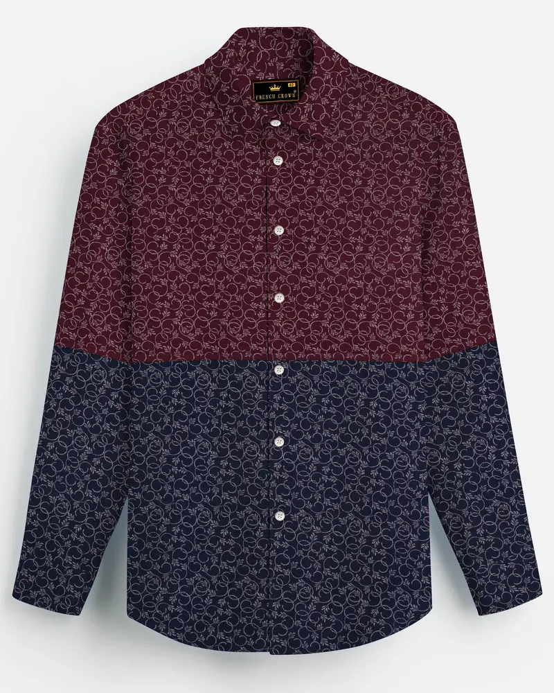 Half Lonestar Maroon And Half Ebony Clay Blue Ditsy Printed Twill Premium Cotton Designer Shirt 1