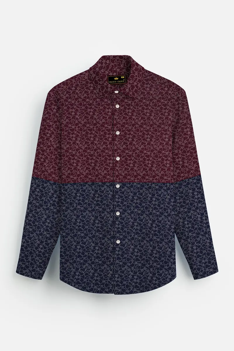 Half Lonestar Maroon And Half Ebony Clay Blue Ditsy Printed Twill Premium Cotton Designer Shirt 2