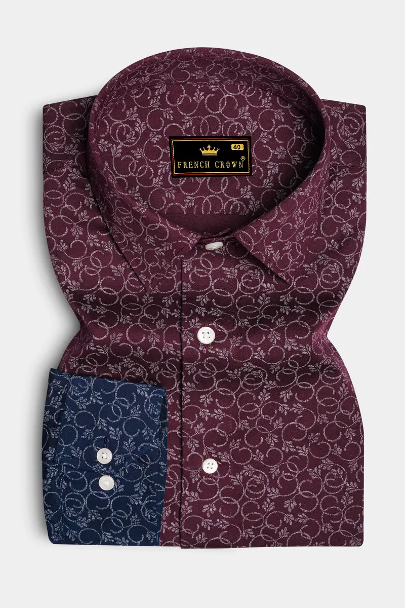 Half Lonestar Maroon And Half Ebony Clay Blue Ditsy Printed Twill Premium Cotton Designer Shirt 5