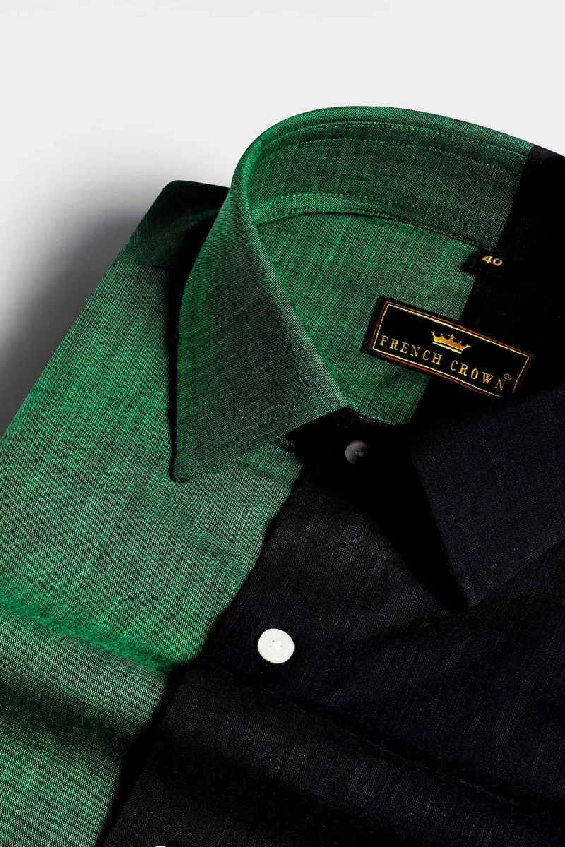 Half Pine Green And Half Jade Black Luxurious Linen Shirt 1