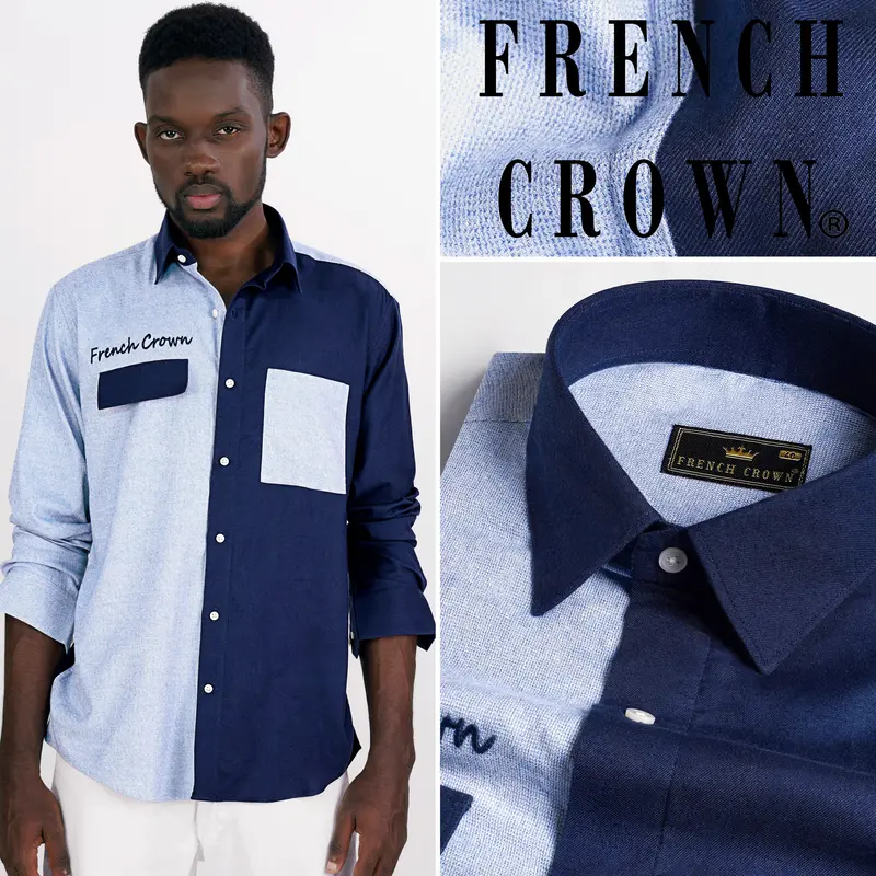 Half Platinum Blue And Half Firefly Blue Twill Premium Cotton Designer Signature Shirt 1