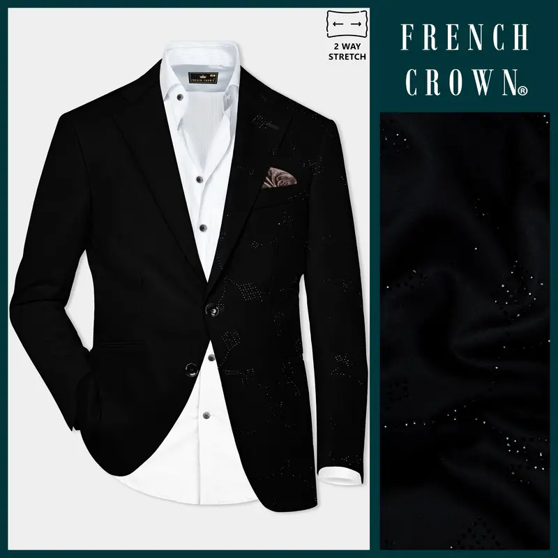 Half Solid Black And Half Stretchable Tikki Work Wool Rich Designer Blazer 1