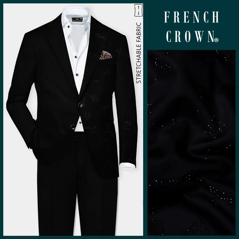 Half Solid Black And Half Tikki Work Stretchable Wool Rich Designer Suit 1