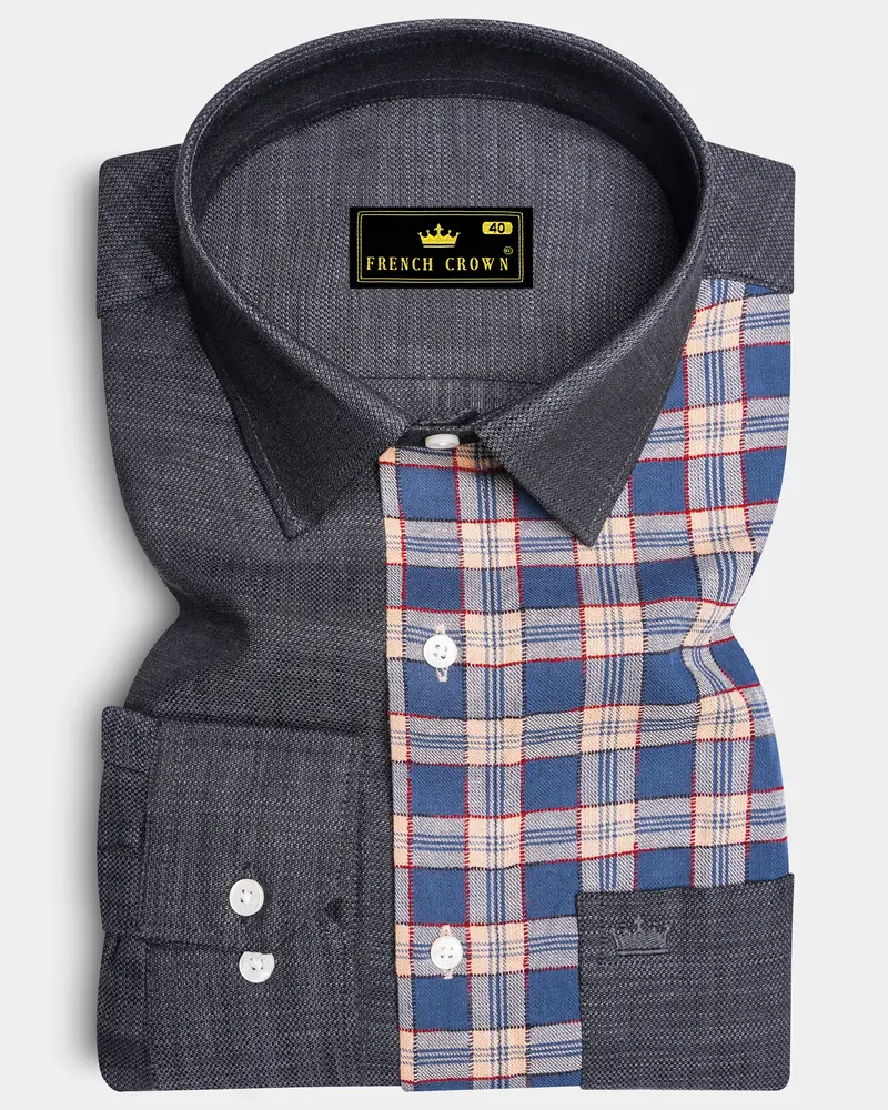 Half Thunder Gray And Half Plaid Dobby Textured Premium Giza Cotton Shirt 1