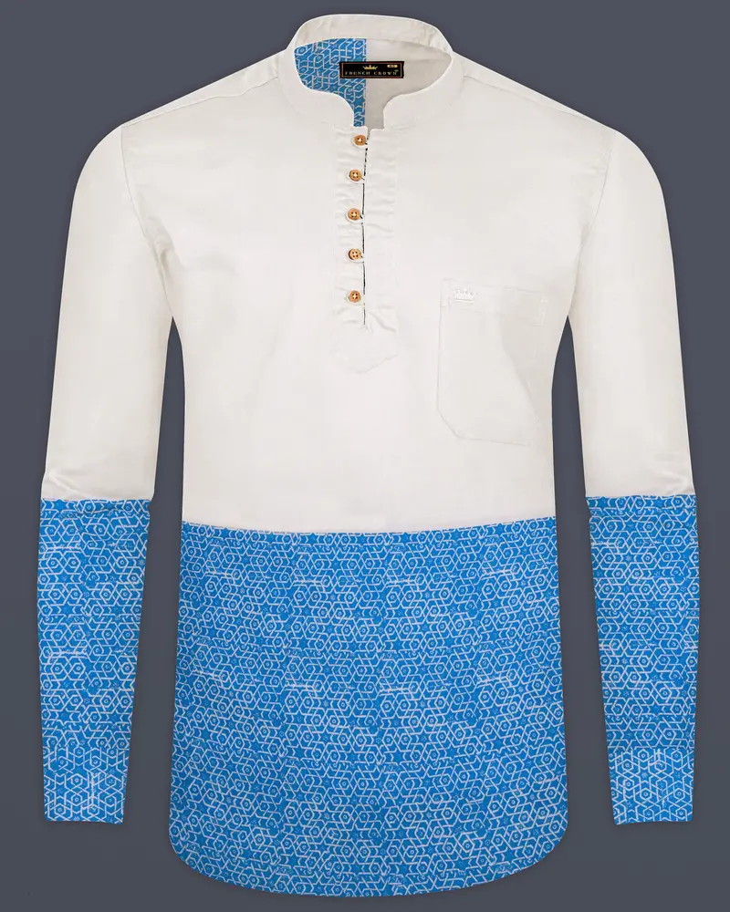 Half White And Half Anakiwa Sky Blue Printed Royal Oxford Designer Kurta Shirt 1