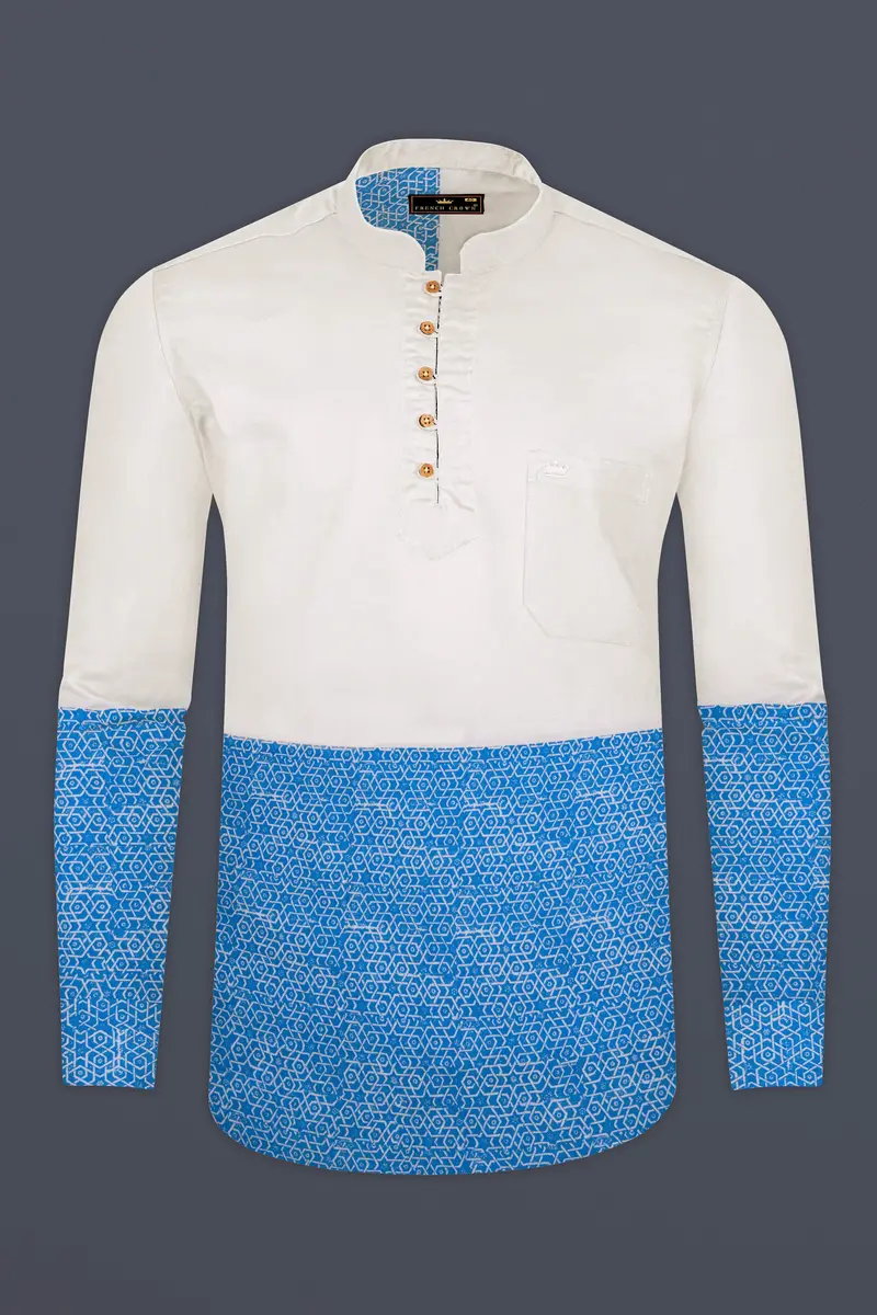 Half White And Half Anakiwa Sky Blue Printed Royal Oxford Designer Kurta Shirt 2