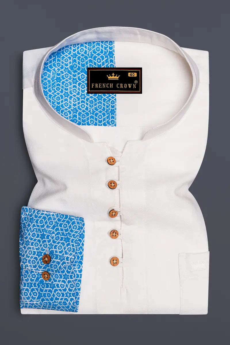 Half White And Half Anakiwa Sky Blue Printed Royal Oxford Designer Kurta Shirt 5