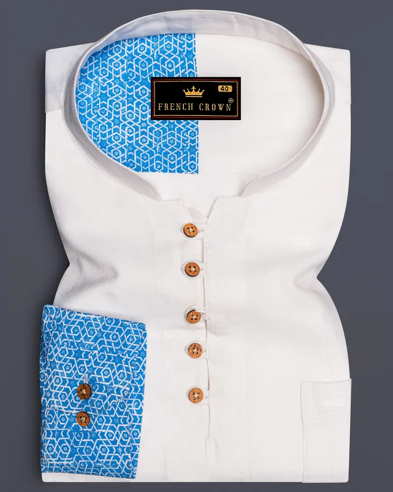 Half White And Half Anakiwa Sky Blue Printed Royal Oxford Designer Kurta Shirt 8