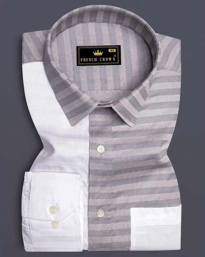 Half White And Half Grey Striped Twill Premium Cotton Designer Shirt 1