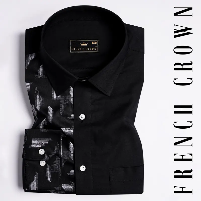 Half White Printed Half Solid Black Royal Oxford Designer Shirt 1