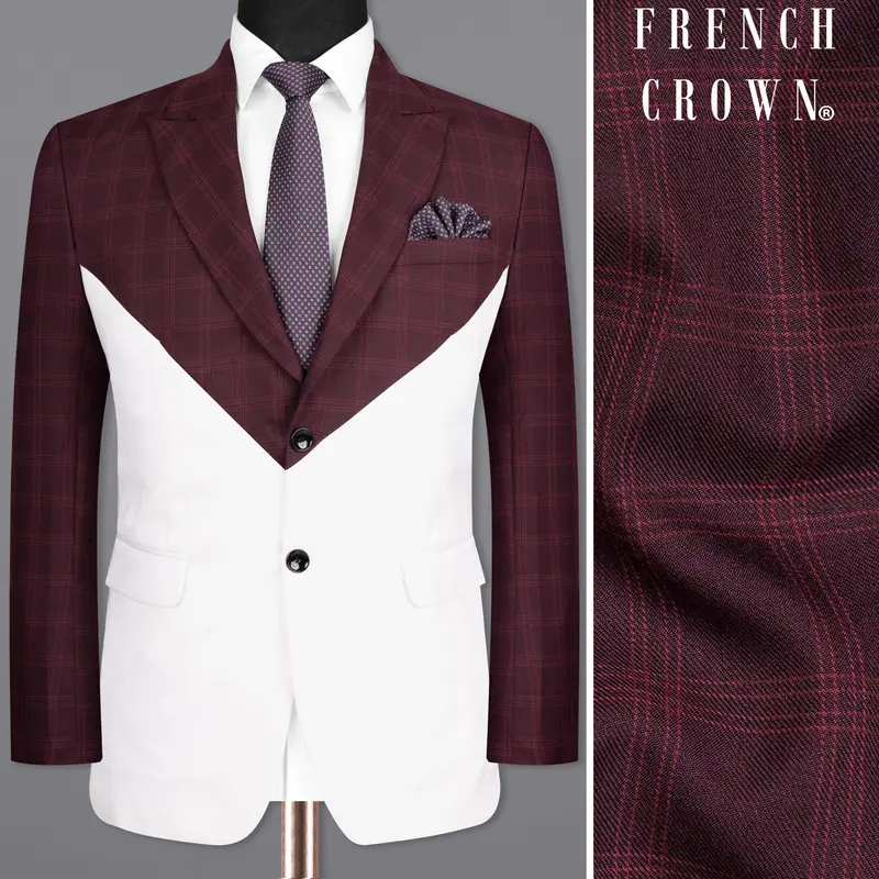 Half Wine Checkered Wool Rich And Half White Premium Cotton Blazer 1
