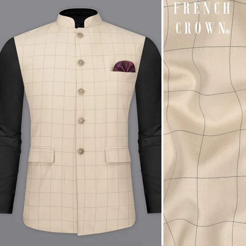 Hampton Cream Windowpane Designer Nehru Jacket 1