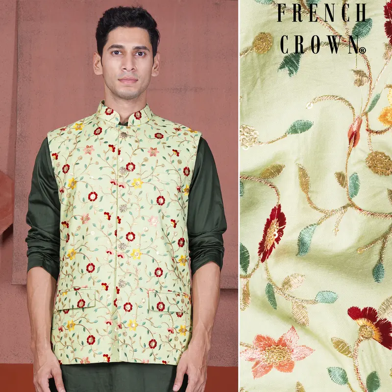 Hampton Green And Beryl Red Floral Multicolour Cotton Thread Embroidered Designer Nehru Jacket 1