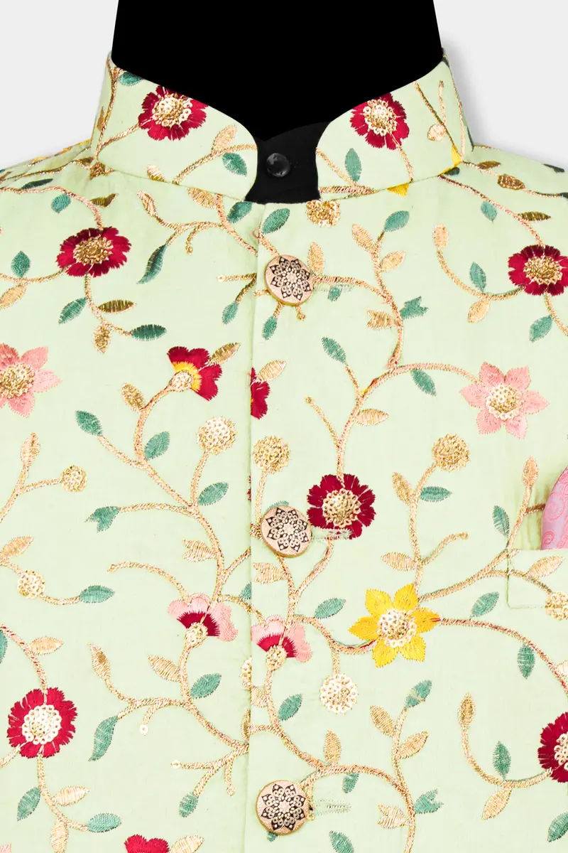 Hampton Green And Beryl Red Floral Multicolour Cotton Thread Embroidered Designer Nehru Jacket 10