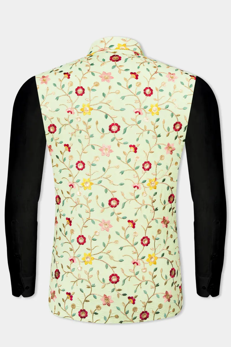 Hampton Green And Beryl Red Floral Multicolour Cotton Thread Embroidered Designer Nehru Jacket 11