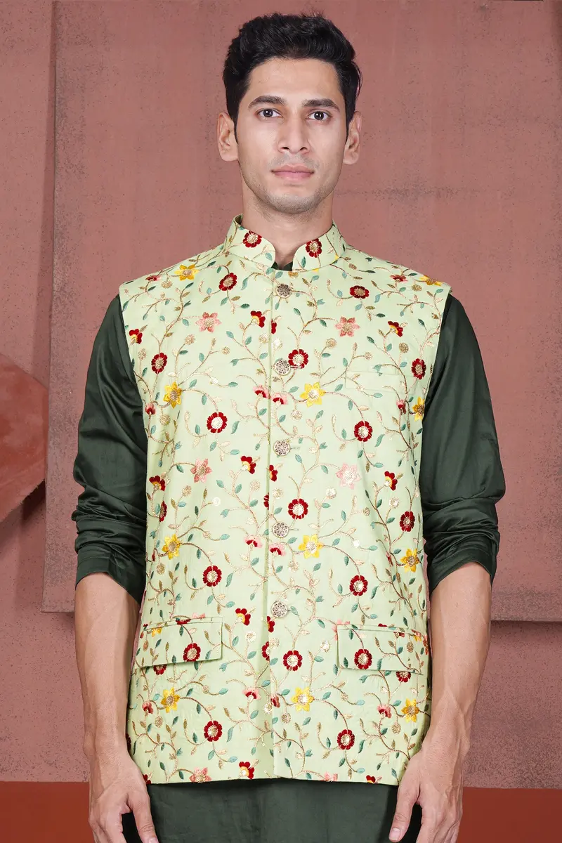 Hampton Green And Beryl Red Floral Multicolour Cotton Thread Embroidered Designer Nehru Jacket 2
