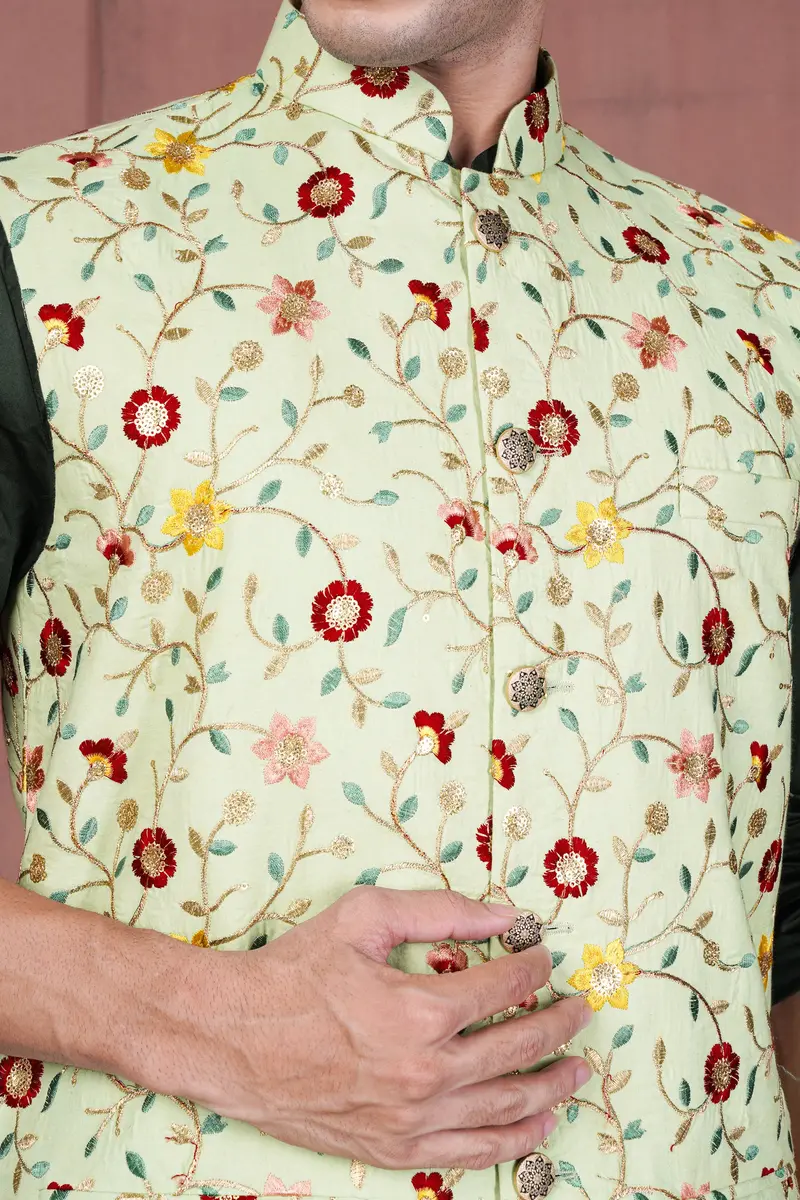 Hampton Green And Beryl Red Floral Multicolour Cotton Thread Embroidered Designer Nehru Jacket 4